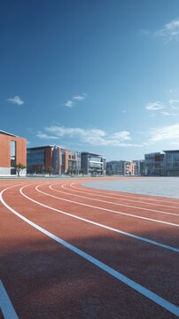 Stunning photo of 3D rendering of a modern outdoor running track and athletic field with contemporary school buildings under a blue sky.