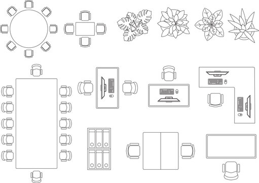 Top view office furniture symbols set. computers, desks, chairs, cubicles, plants in architectural CAD style.