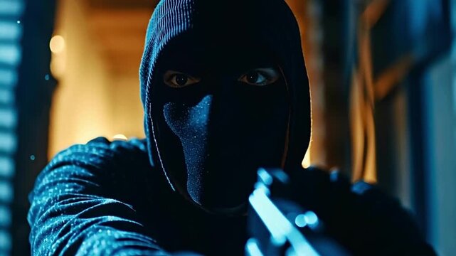 Dangerous criminal wearing a balaclava holding and pointing a gun, with his threatening eyes staring directly at the camera in a dark and moody cinematic atmosphere of suspense and danger