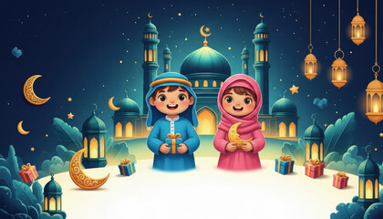 Naklejka premium Festive Eid Mubarak greeting card with cute cartoon kids, Islamic mosque, and decorative lanterns