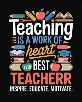 Teaching Is a Work of Heart Typography Design with School Elements T-shirt design