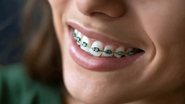 Closeup of adult smile with metal braces and green bands showing teeth alignment and orthodontic treatment details, dental correction, oral healthcare, tooth straightening, with