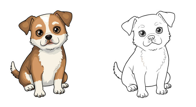 Cartoon puppy illustration in color and black and white outlines  