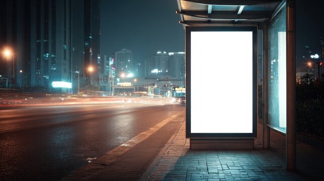 Stunning photo of blank Glowing Lightbox Billboard Mockup at an Urban Bus Stop Station at Night.
