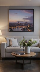 Fototapeta premium A stunning city skyline painting on a gray wall, set in an elegant living room with a gray sofa, coffee table and floral arrangement.