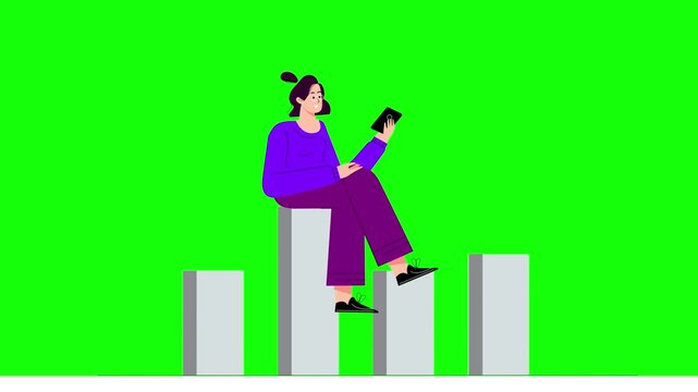 Woman Sitting on Abstract Bars Using Smartphone on Green Screen Background, Mobile Usage Lifestyle Social Media Animation Scene 4K