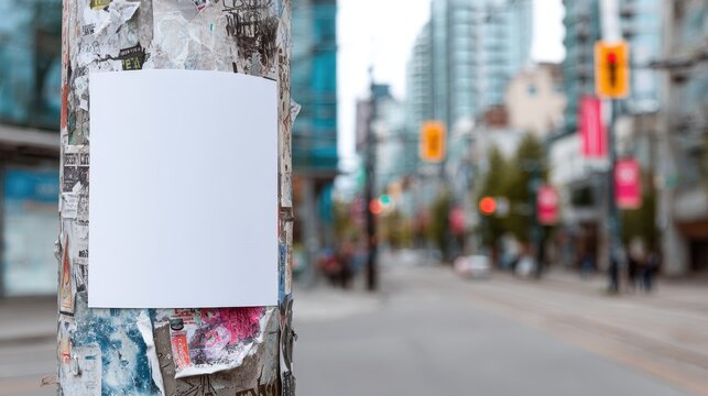 Stunning photo of blank white square flyer mockup on a city utility pole with torn posters and a blurred urban street background.