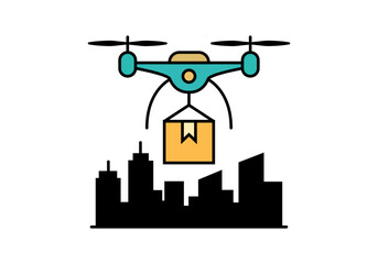 Dron de transporte entregando un paquete sobre el horizonte de una ciudad con rascacielos