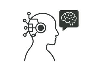 Perfil de cabeza humana con circuitos electrónicos y burbuja de diálogo con cerebro representando inteligencia artificial