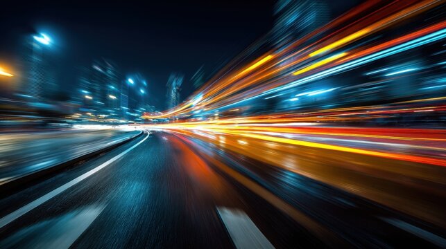 Stunning photo of car motion trails. Speed light streaks background with blurred fast moving light effect, Racing cars dynamic flash effects city road with long exposure night.