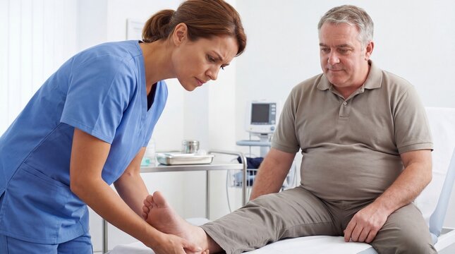Focused medical practitioner with diligent mood palpating elderly man foot against clinic equipment background