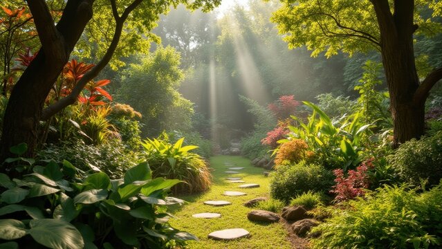 Path through tropical garden, rays of sunlight filtering down through canopy.
