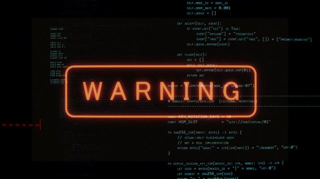 Flashing warning sign with alert symbol on digital code interface background