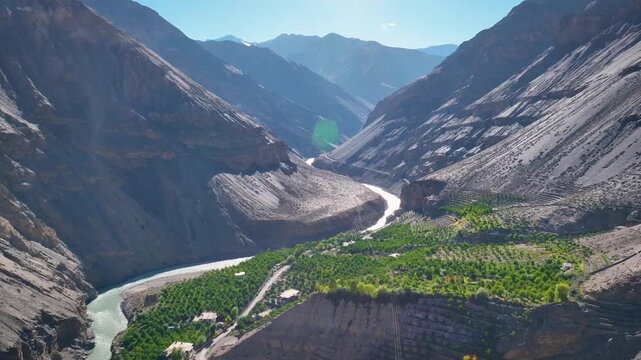 Cinematic drone flight revealing a lush green agricultural oasis hidden inside a barren Himalayan cold desert gorge.