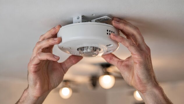 Focused view of a smoke alarm strobe being mounted on a ceiling with lights softly out of focus in the background