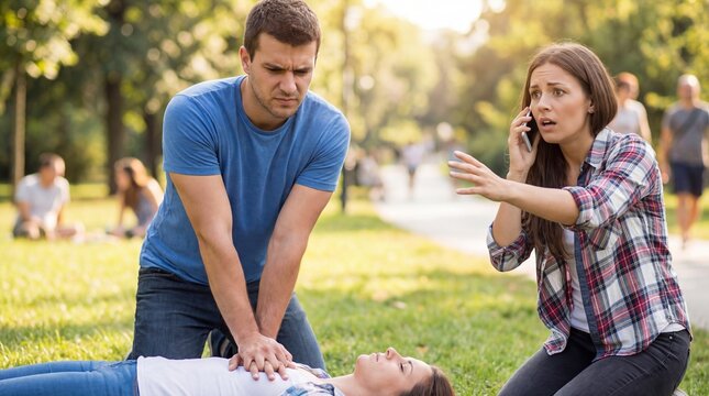 Anxious young woman with worried mood calling emergency service while man performs CPR against park background