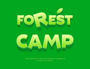 Naklejka premium Vector Funny template Forest Camp. Glossy Green 3D Font. Artistic Alphabet Letters and Numbers set