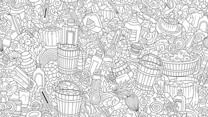 Fototapeta premium Intricate black and white doodle background filled with various skincare, bath, and hygiene product illustrations.