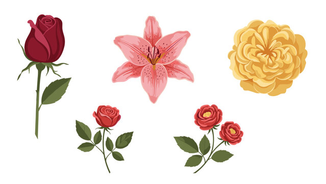 Beautiful assortment of flowers including red roses, a pink lily, and a large yellow cabbage rose with green leaves.