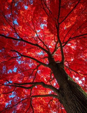 View from below of a tree with vibrant, red foliage. Its brown trunk rises towards a bright, blue sky peeking through the canopy