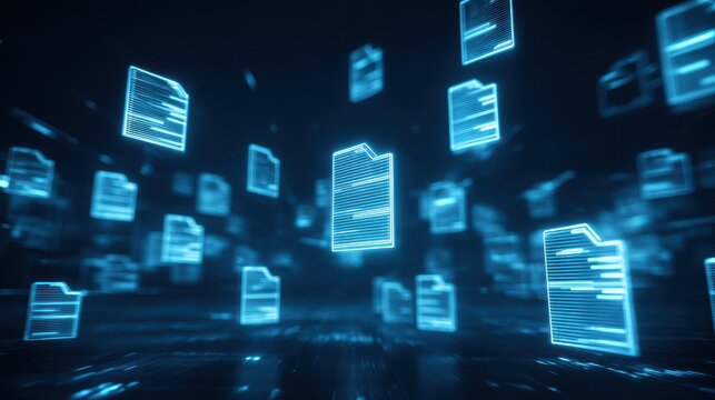 Stunning photo of futuristic digital document management system with glowing virtual file icons in a dark blue technological data storage environment.