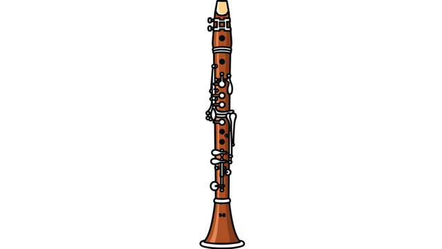 Vertical illustration of a traditional wooden clarinet with silver keys and a black mouthpiece isolated on a plain white background.