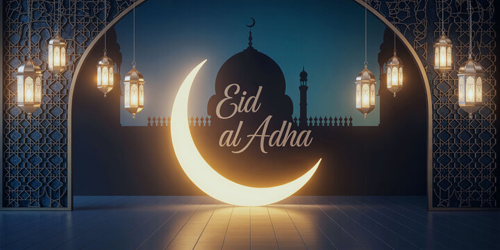 Eid al Adha Islamic greeting background with crescent moon lanterns and mosque silhouette night scene