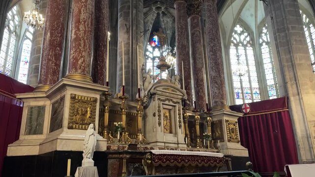 Soaring Gothic Nave and Pillars of the Narbonne Cathedral Interior