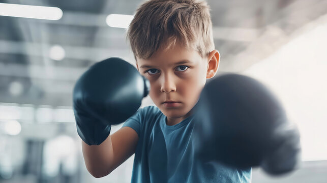 Determined boy in boxing gloves looking at camera, practicing punches in a gym. Concept of sport, determination, early training