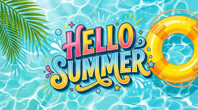 Colorful summer greeting with tropical elements and floating objects