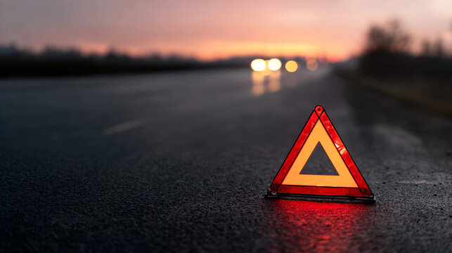 Reflective warning triangle active on a wet roadside at sunset, signaling a vehicle emergency or breakdown, ensuring safety