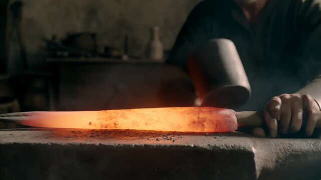Slow motion handheld shot of blacksmith hammering glowing blade on anvil in rustic workshop with sparks and smoke