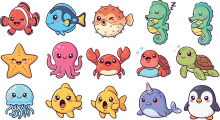 Cute sea animal vector set with fish octopus crab turtle seahorse jellyfish starfish and penguin cartoon collection © Sumon Creative
