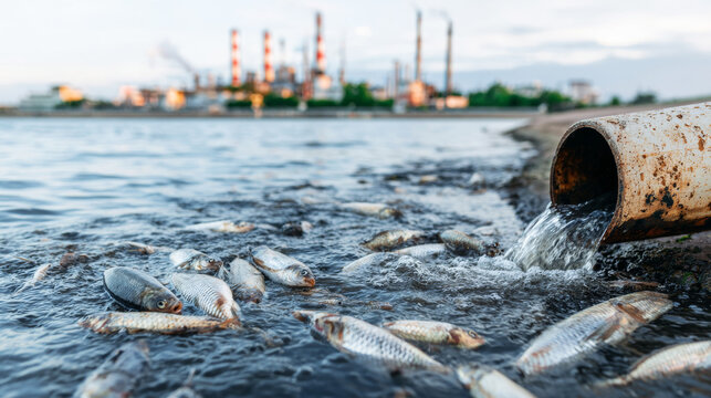 Dead fish floating on contaminated water surface near an industrial discharge pipe, illustrating severe environmental pollution