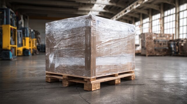 Stunning photo of shrink-wrapped cargo box on wooden pallet in warehouse.