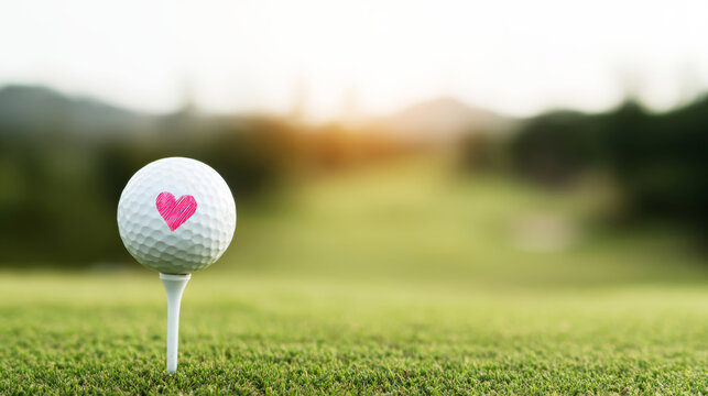 Golf ball with a pink heart symbol on a tee, representing love for the game and special moments