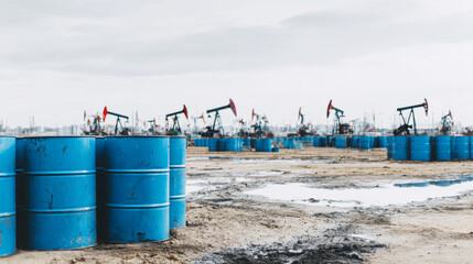 Fototapeta premium Oil field with rows of blue barrels and working pump jacks extracting crude petroleum from ground
