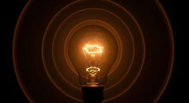 Incandescent light bulb glowing with warm orange filament and circular ripple effect background.