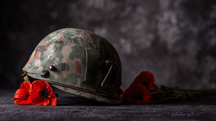 Obraz premium Military camouflage helmet placed on a dark surface, red poppies symbolizing remembrance and sacrifice for fallen soldiers