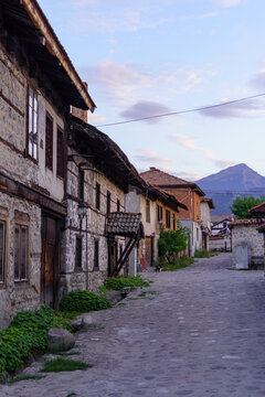 Street with typical buildings, in Bansko