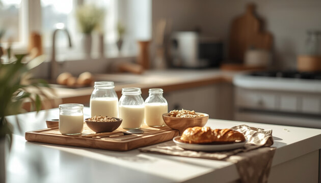 A kitchen counter with milk bottles and breakfast pastries on display