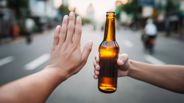 Hand extended in a stopping gesture, rejecting a beer bottle being offered. Focuses on abstinence and self control