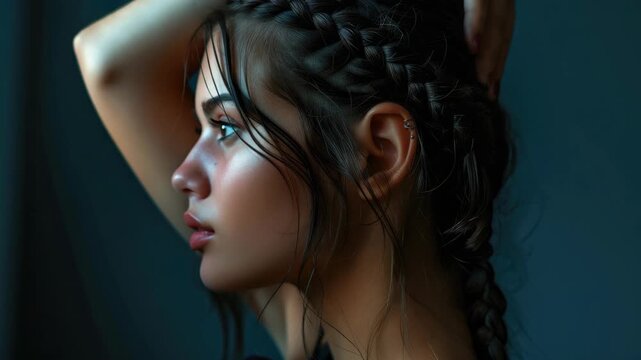 Portrait of young woman with her hair styled in braids. She is looking to the side and has a neutral expression on her face.