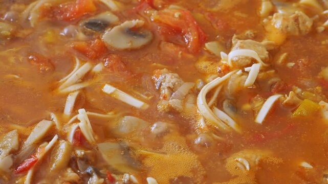 Vegetables with chicken and udon are simmering in a deep cast-iron skillet