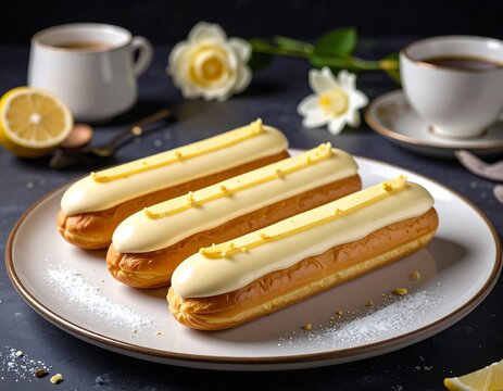 Three oblong pastries with white frosting and yellow decorations on a plate, alongside coffee and lemons
