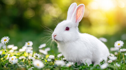Obraz premium White rabbit sitting peacefully amidst a carpet of white daisies and green grass, bathed in warm spring sunlight