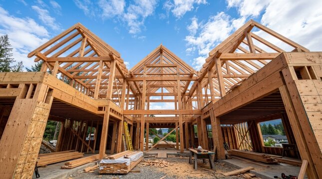 The bold skeletal timber frame of a new house under construction reaching toward a bright open sky, heavy structural beams and joists forming a precise geometric framework of raw wood, plywood