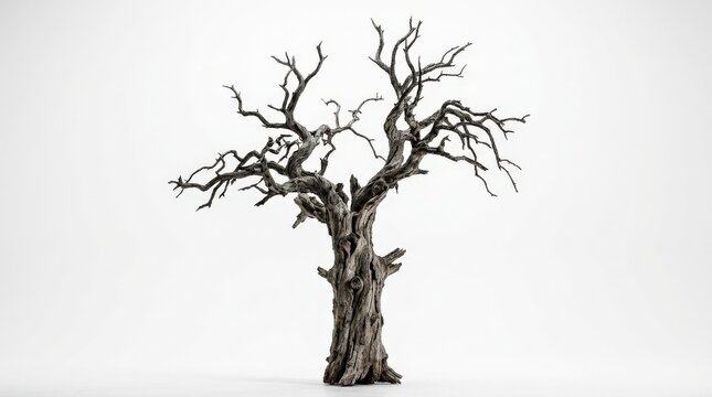 A weathered, leafless dead tree standing in stark isolation against a pure white seamless background, twisted bare branches reaching upward like skeletal fingers, deeply textured gray bark revealing