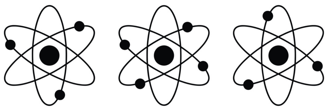 Atom icon set, atomic structure symbols collection for science education and laboratory research, nuclear energy themed graphic design