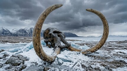A massive woolly mammoth skull with dramatically curving ivory tusks partially emerging from a frozen tundra landscape, packed snow and blue glacial ice surrounding the ancient remains, a vast cold © Coosh448